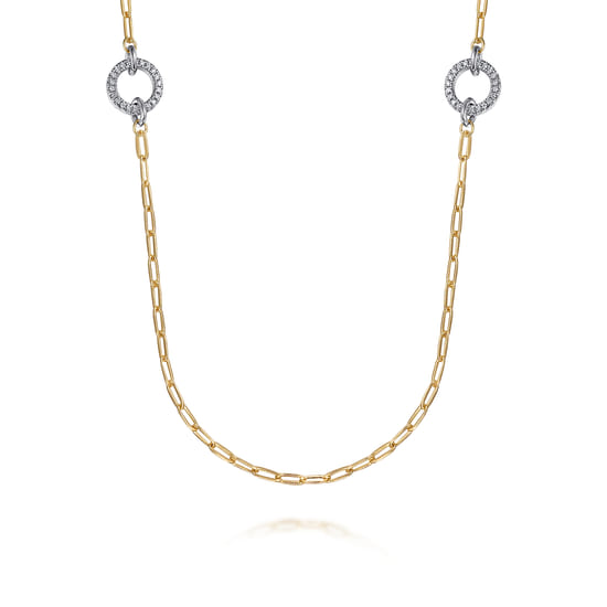 14K Yellow Gold  Diamond Link Station Necklace 