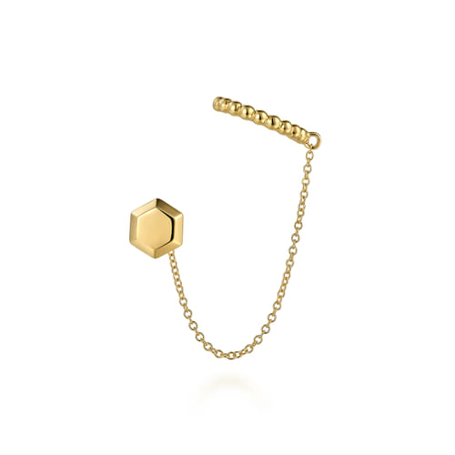14K Yellow Gold  Single Stud With Chain Drop And Cuff Earring