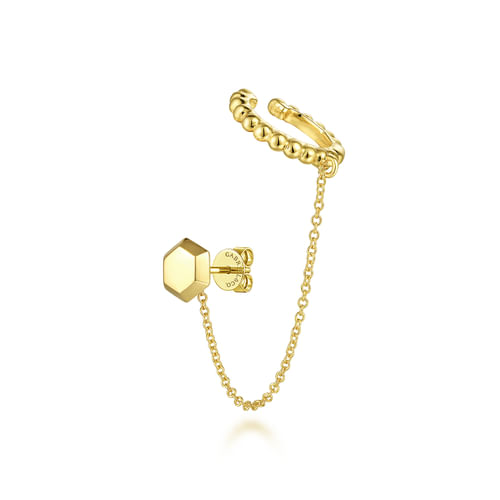 14K Yellow Gold  Single Stud With Chain Drop And Cuff Earring