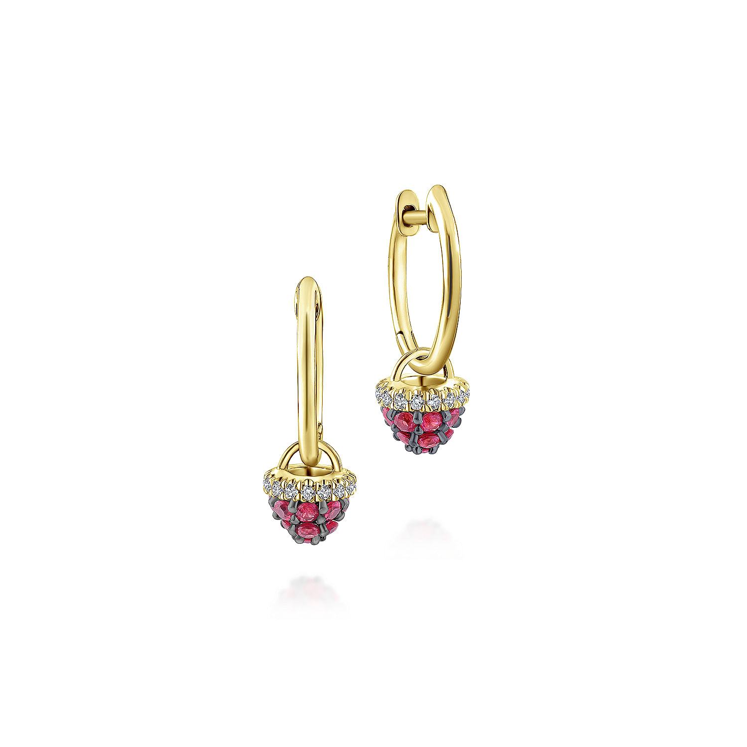 14K Yellow Gold 10mm Diamond And Ruby Cluster Huggie Drop Earrings