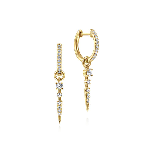 14K Yellow Gold 10mm Diamond Huggie Earrings with Spike Drops