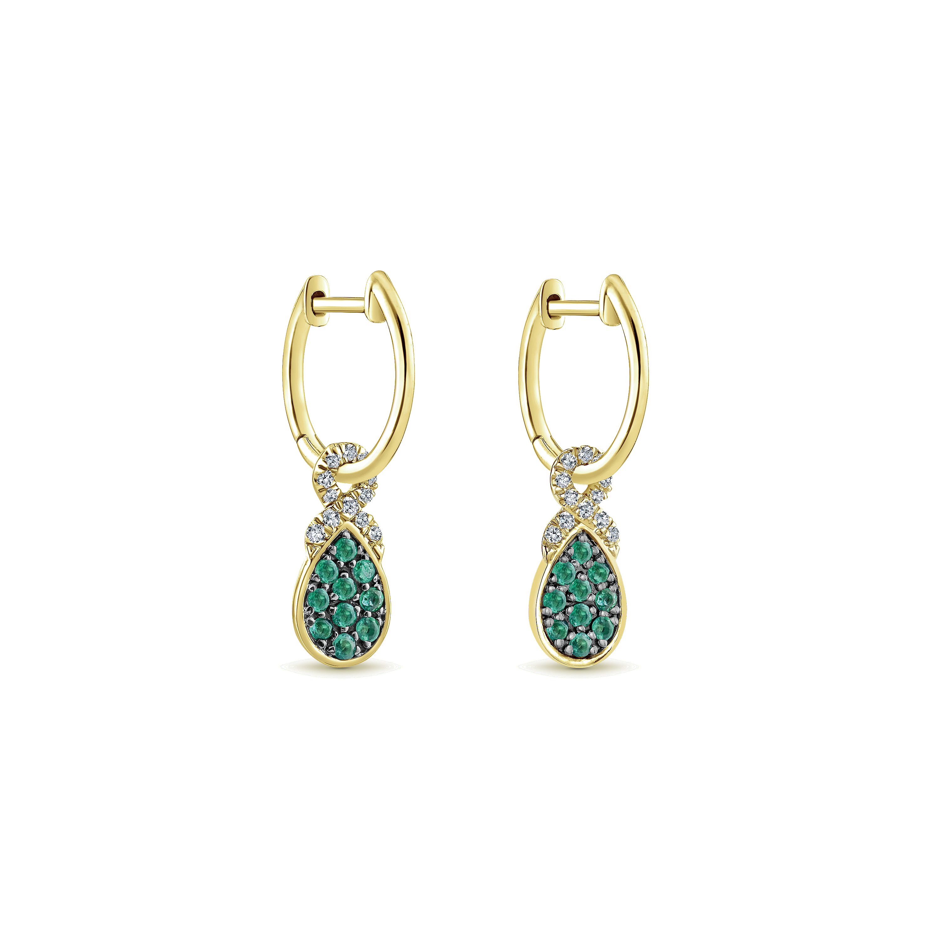 14K Yellow Gold 10mm Diamond and Pear Shaped Emerald Cluster Huggie Drop Earrings