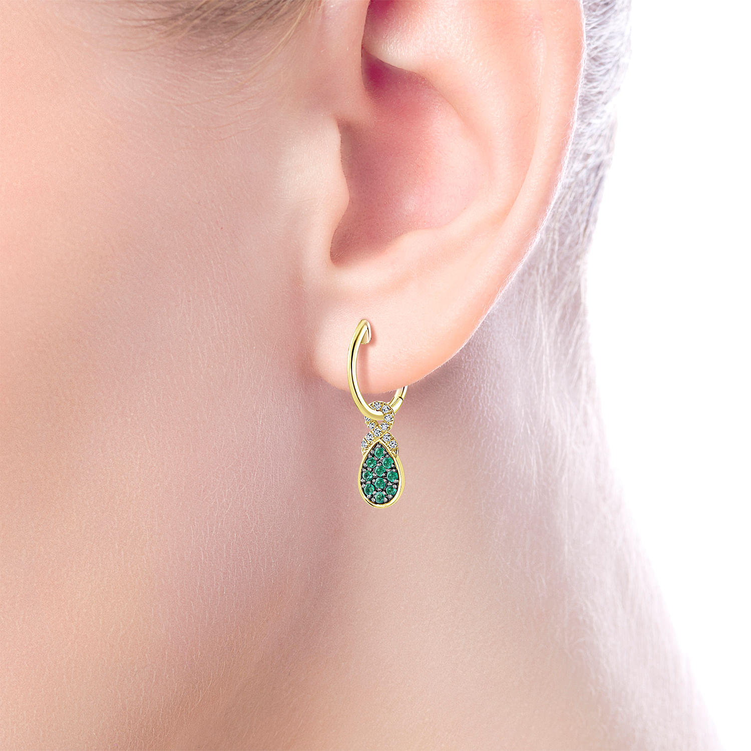 14K Yellow Gold 10mm Diamond and Pear Shaped Emerald Cluster Huggie Drop Earrings