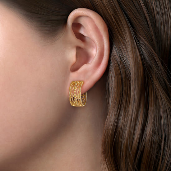 14K Yellow Gold 20 mm Wide Open Pattern Huggie Earrings angle 2