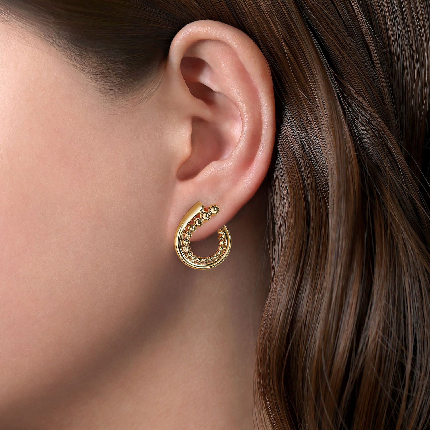14K Yellow Gold 20mm Bujukan Beaded Bypass Hoop Earrings