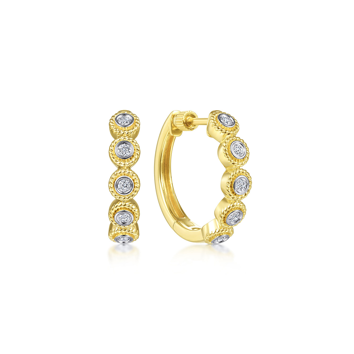 14K Yellow Gold 20mm Round Diamond Station Classic Hoop Earrings