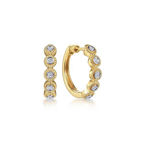 14K Yellow Gold 20mm Round Diamond Station Classic Hoop Earrings