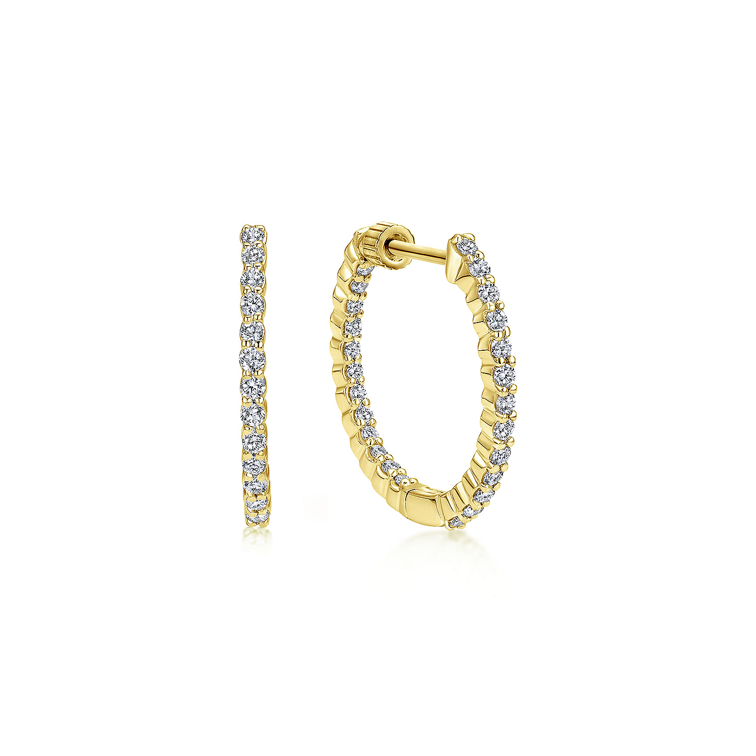 14K Yellow Gold 20mm Round Inside Out Diamond Hoop Earrings