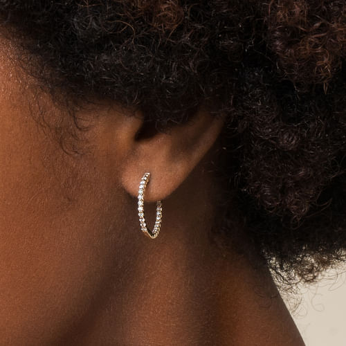 14K Yellow Gold 20mm Round Inside Out Diamond Hoop Earrings