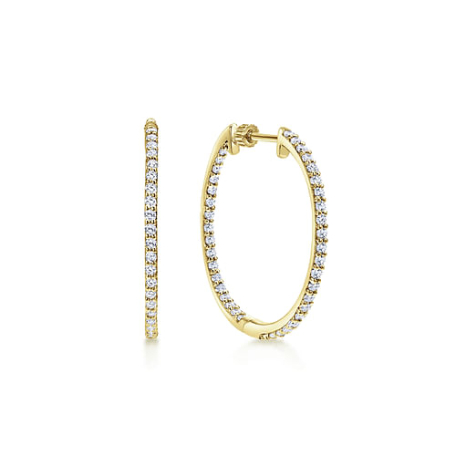 14K Yellow Gold 25mm Round Inside Out Diamond Hoop Earrings