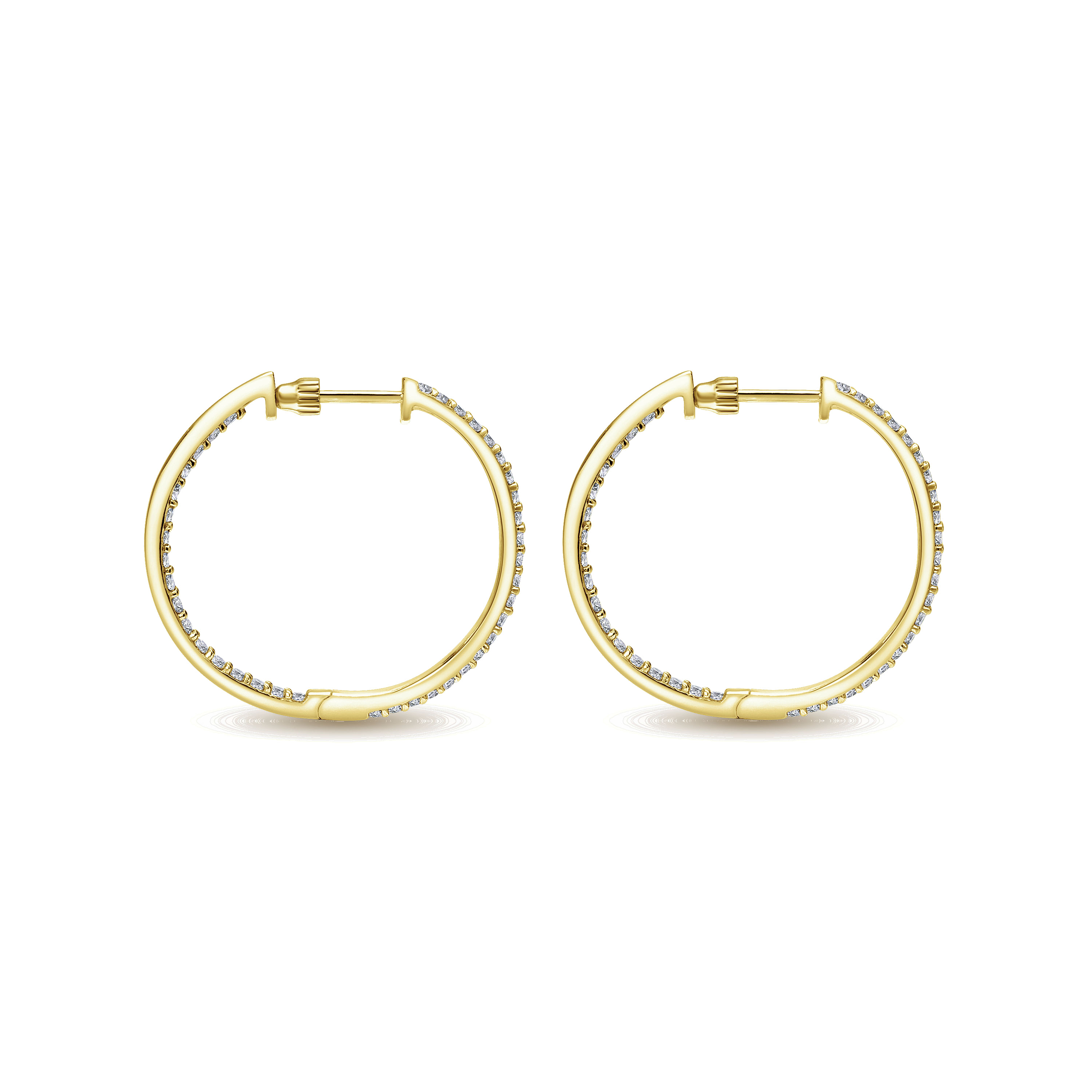 14K Yellow Gold 25mm Round Inside Out Diamond Hoop Earrings