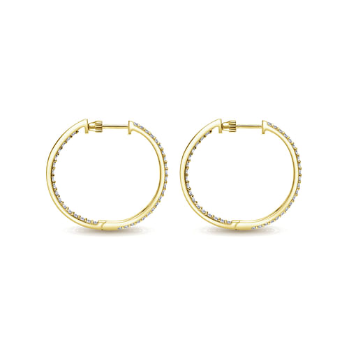 14K Yellow Gold 25mm Round Inside Out Diamond Hoop Earrings