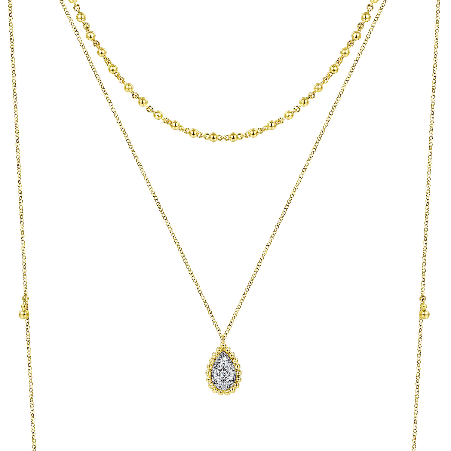14K Yellow Gold 3 Strand Teardrop Diamond Pavé Necklace with Drops