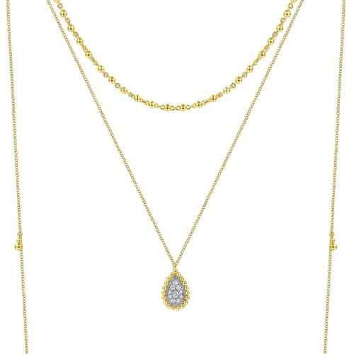 14K Yellow Gold 3 Strand Teardrop Diamond Pavé Necklace with Drops