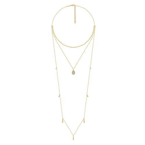 14K Yellow Gold 3 Strand Teardrop Diamond Pavé Necklace with Drops