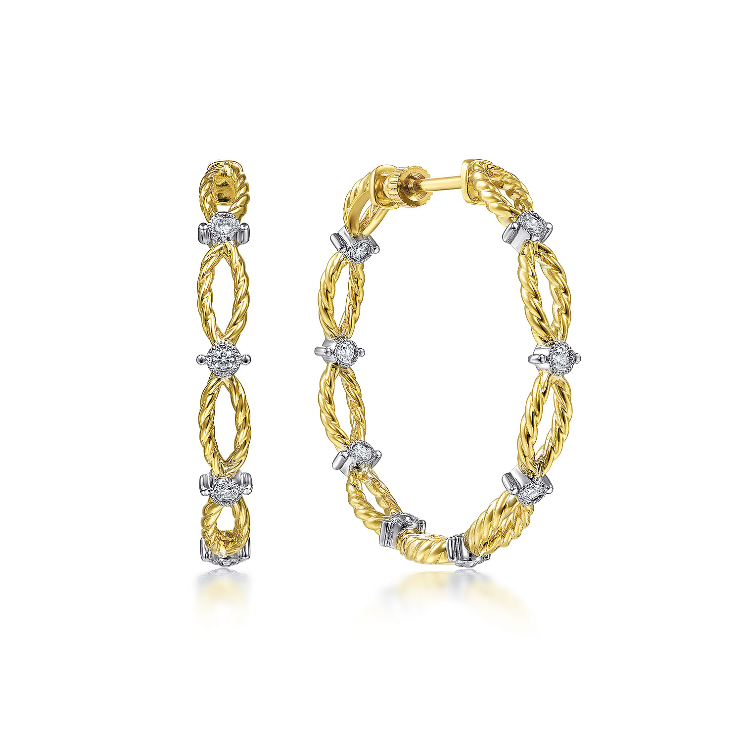 14K Yellow Gold 30mm Diamond and Twisted Rope Station Classic Hoop Earrings