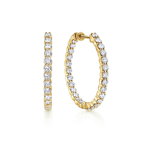 14K Yellow Gold 30mm Round Inside Out Diamond Hoop Earrings