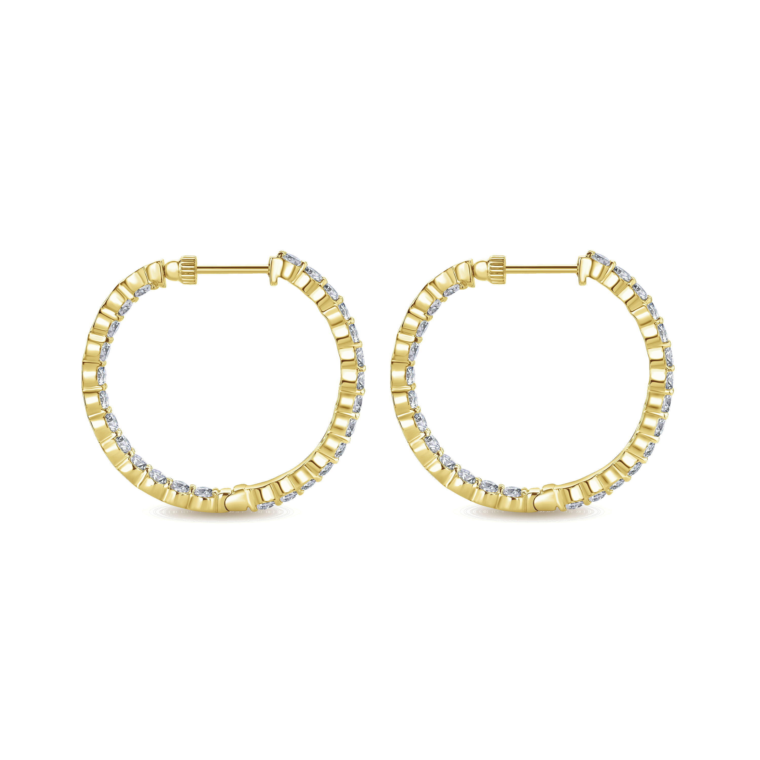 14K Yellow Gold 30mm Round Inside Out Diamond Hoop Earrings