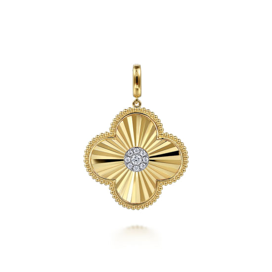 Gabriel - 14K Yellow Gold 32mm Bujukan & Diamond Cut Diamond Clover Medallion Pendant With Detachable Bail