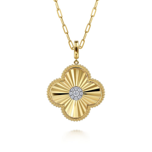 14K Yellow Gold 32mm Bujukan & Diamond Cut Diamond Clover Medallion Pendant With Detachable Bail