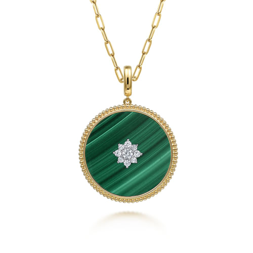 14K Yellow Gold 32mm Bujukan Diamond & Malachite Medallion Pendant With Detachable Bail