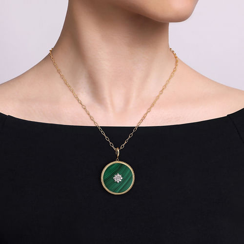 14K Yellow Gold 32mm Bujukan Diamond & Malachite Medallion Pendant