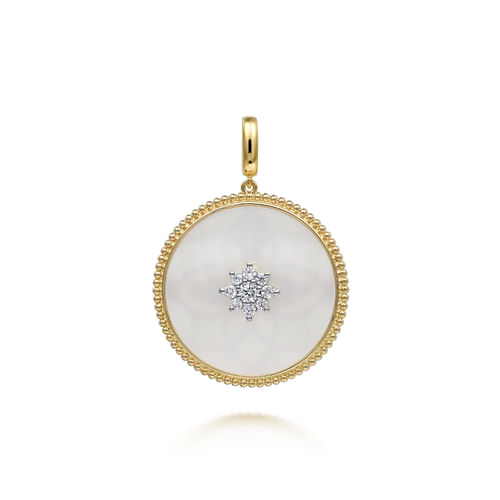 14K Yellow Gold 32mm Bujukan Diamond & Mother of Pearl Medallion Pendant With Detachable Bail