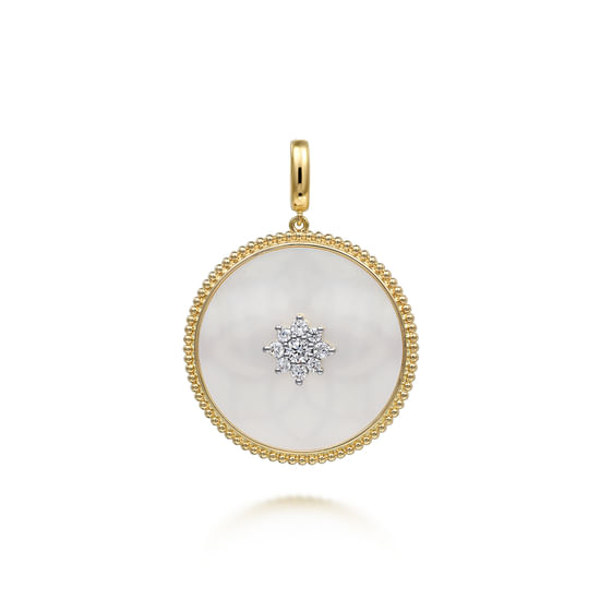 Gabriel - 14K Yellow Gold 32mm Bujukan Diamond & Mother of Pearl Medallion Pendant With Detachable Bail
