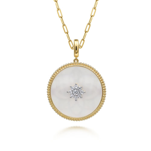 14K Yellow Gold 32mm Bujukan Diamond & Mother of Pearl Medallion Pendant With Detachable Bail