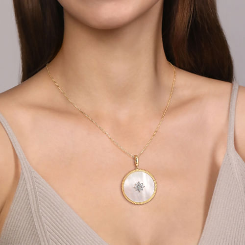 14K Yellow Gold 32mm Bujukan Diamond & Mother of Pearl Medallion Pendant With Detachable Bail