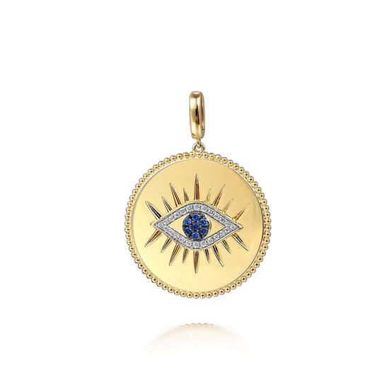 Gabriel - 14K Yellow Gold 32mm Bujukan Diamond & Sapphire Evil Eye Pendant With Detachable Bail