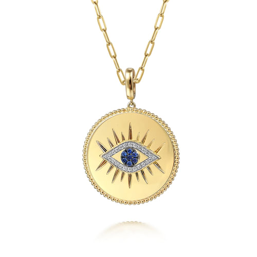 14K Yellow Gold 32mm Bujukan Diamond & Sapphire Evil Eye Pendant With Detachable Bail