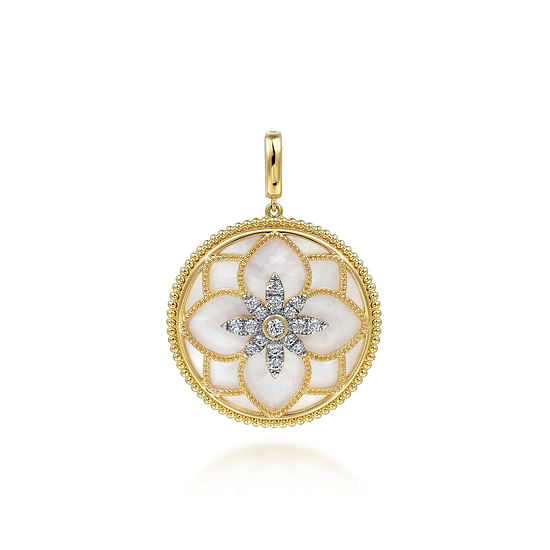 Gabriel - 14K Yellow Gold 32mm Bujukan Diamond and Mother of Pearl Medallion Pendant With Detachable Bail