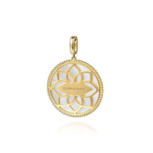 14K Yellow Gold 32mm Bujukan Diamond and Mother of Pearl Medallion Pendant With Detachable Bail