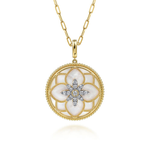 14K Yellow Gold 32mm Bujukan Diamond and Mother of Pearl Medallion Pendant With Detachable Bail