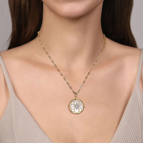 14K Yellow Gold 32mm Bujukan Diamond and Mother of Pearl Medallion Pendant With Detachable Bail