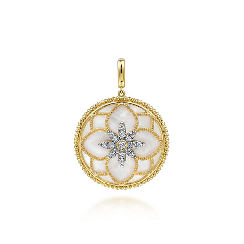 14K Yellow Gold 32mm Bujukan Diamond and Mother of Pearl Medallion Pendant