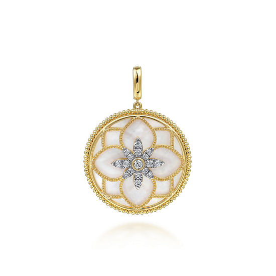 Gabriel - 14K Yellow Gold 32mm Bujukan Diamond and Mother of Pearl Medallion Pendant