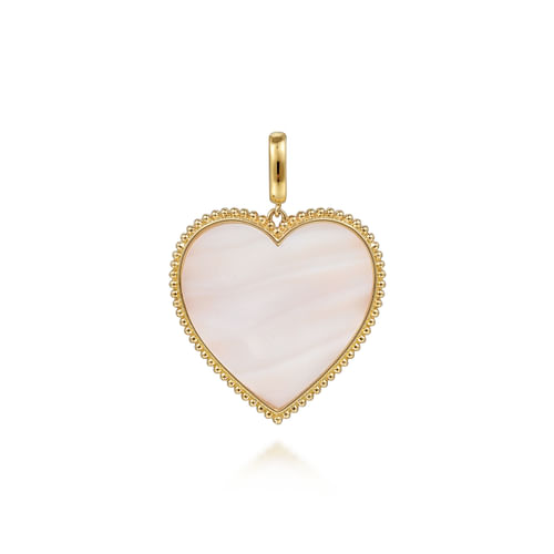 14K Yellow Gold 32mm Bujukan Heart Pink Mother of Pearl Pendant With Detachable Bail