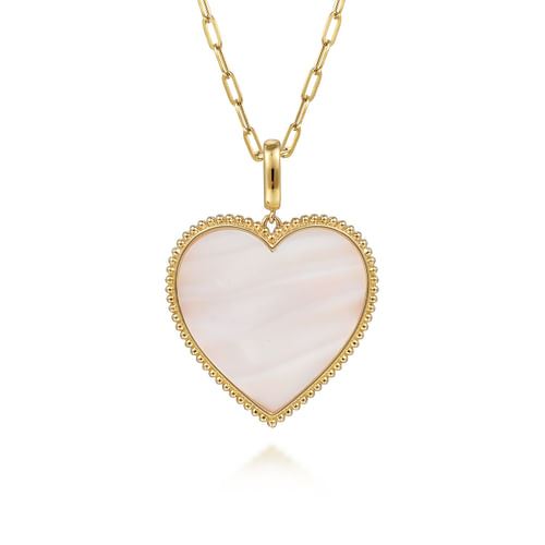 14K Yellow Gold 32mm Bujukan Heart Pink Mother of Pearl Pendant With Detachable Bail