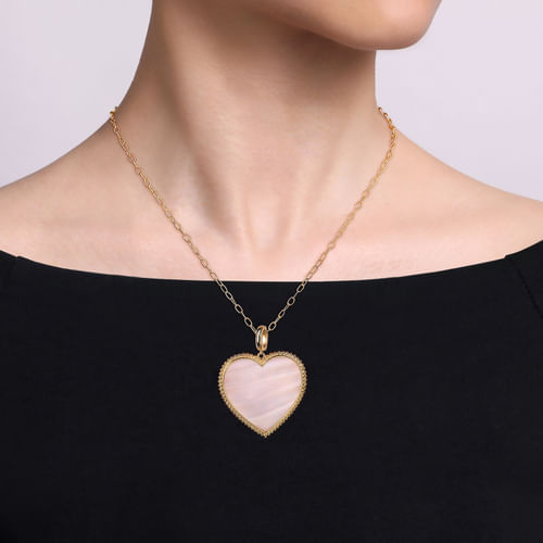 14K Yellow Gold 32mm Bujukan Heart Pink Mother of Pearl Pendant With Detachable Bail