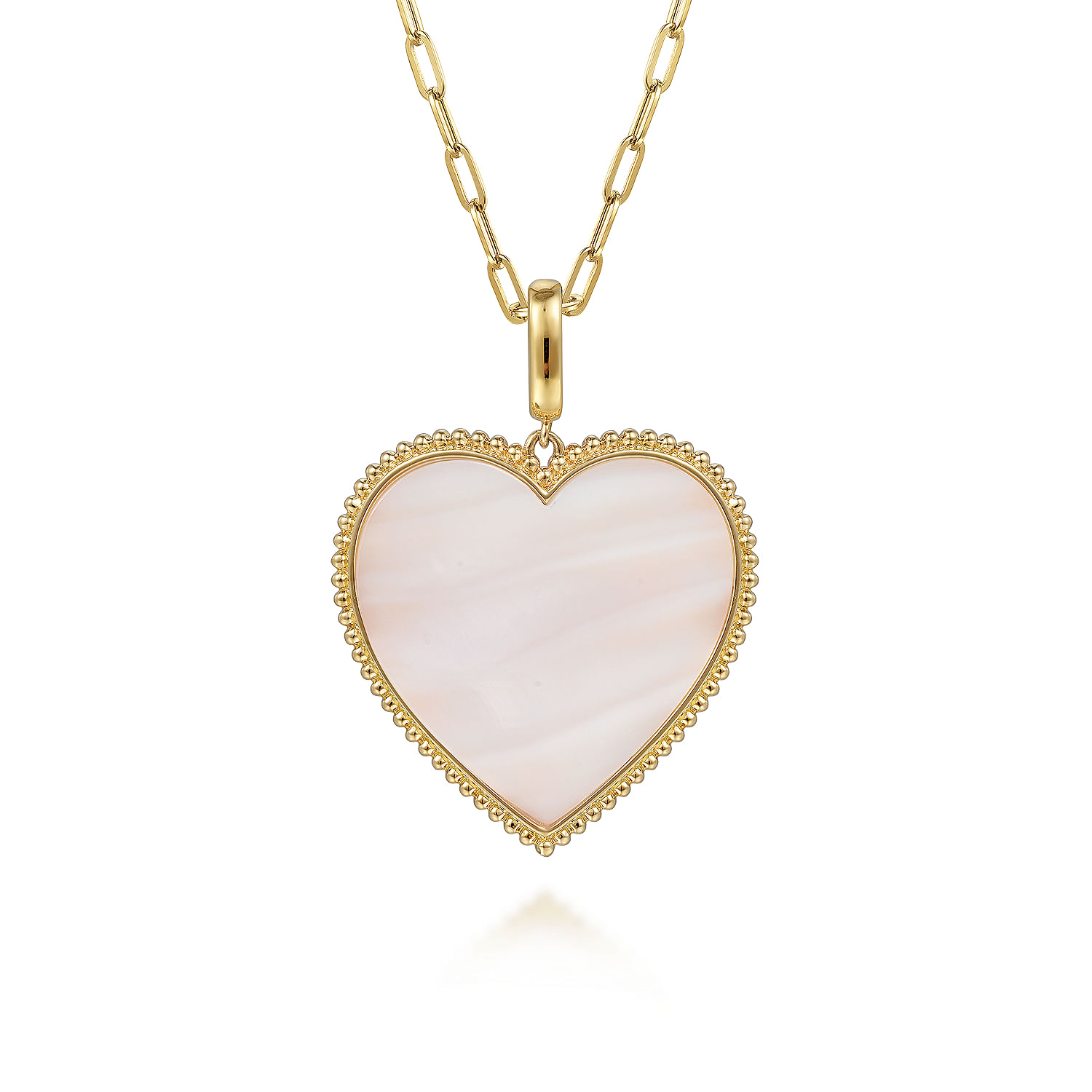 14K Yellow Gold 32mm Bujukan Heart Pink Mother of Pearl Pendant