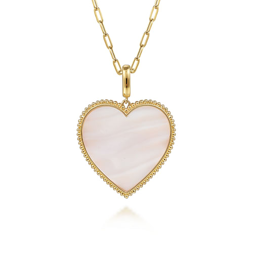 14K Yellow Gold 32mm Bujukan Heart Pink Mother of Pearl Pendant