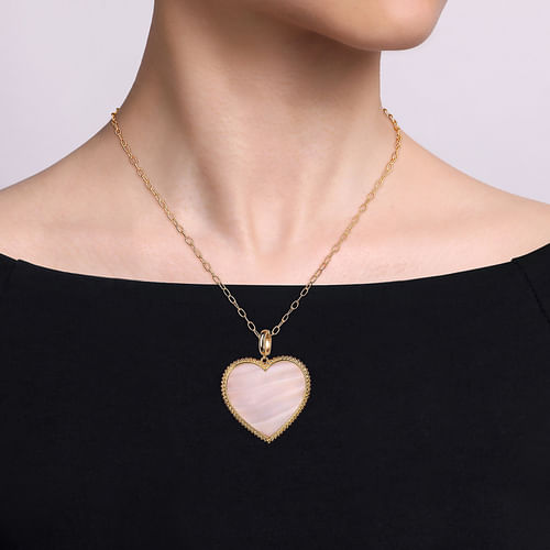 14K Yellow Gold 32mm Bujukan Heart Pink Mother of Pearl Pendant