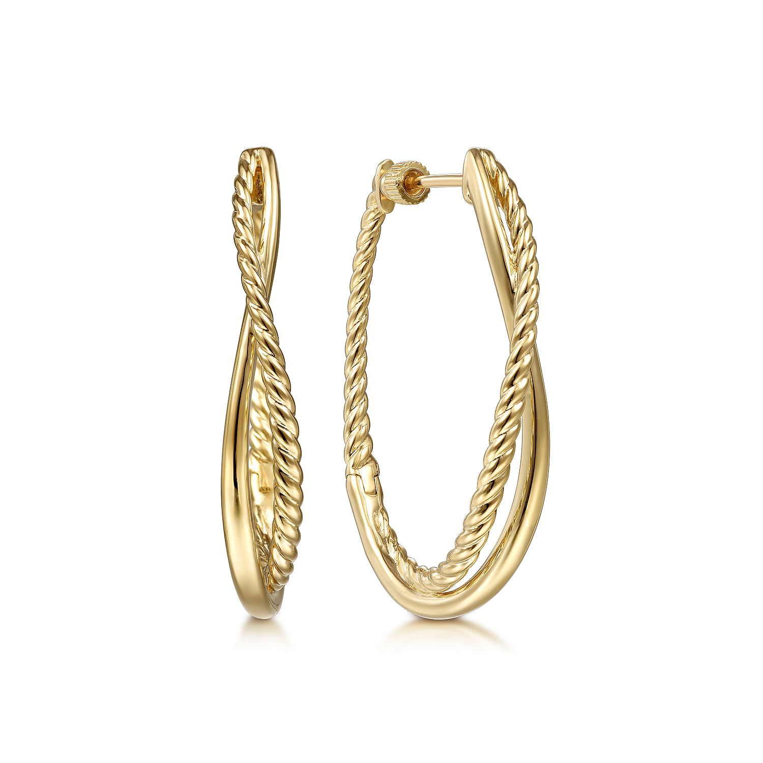 14K Yellow Gold 35mm Plain and Twisted Rope Classic Hoop Earrings