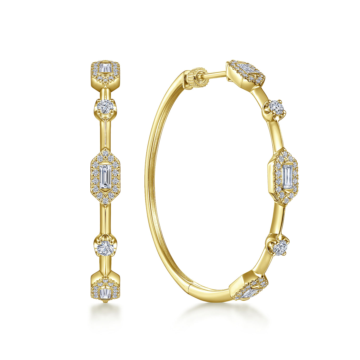 14K Yellow Gold 40mm Diamond Baguette and Round Station Classic Hoop Earrings