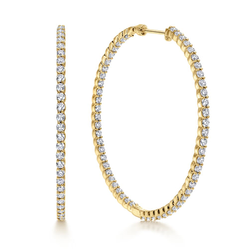 14K Yellow Gold 50mm Round Inside Out Diamond Hoop Earrings