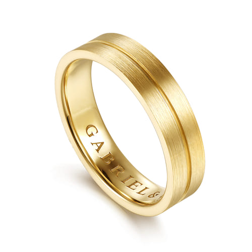 14K Yellow Gold 5mm - Men's Wedding Band in Horizontal Brush Finish 14K Yellow Gold 5mm - Men's Wedding Band in Horizontal Brush Finish