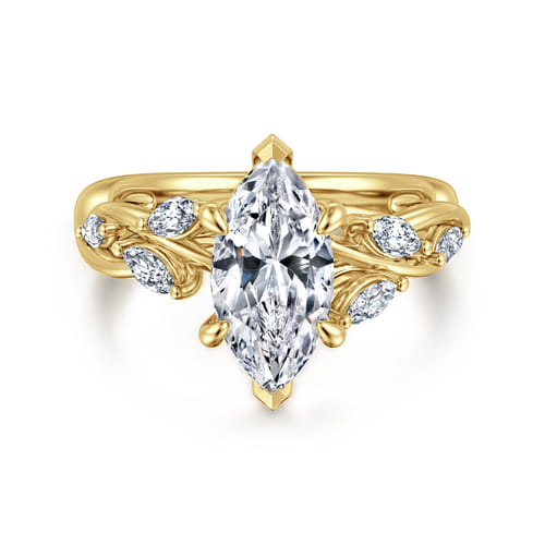 14K Yellow Gold 6 Prong Floral Marquise Shape Diamond Engagement Ring