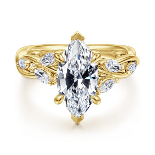 14K Yellow Gold 6 Prong Floral Marquise Shape Diamond Engagement Ring